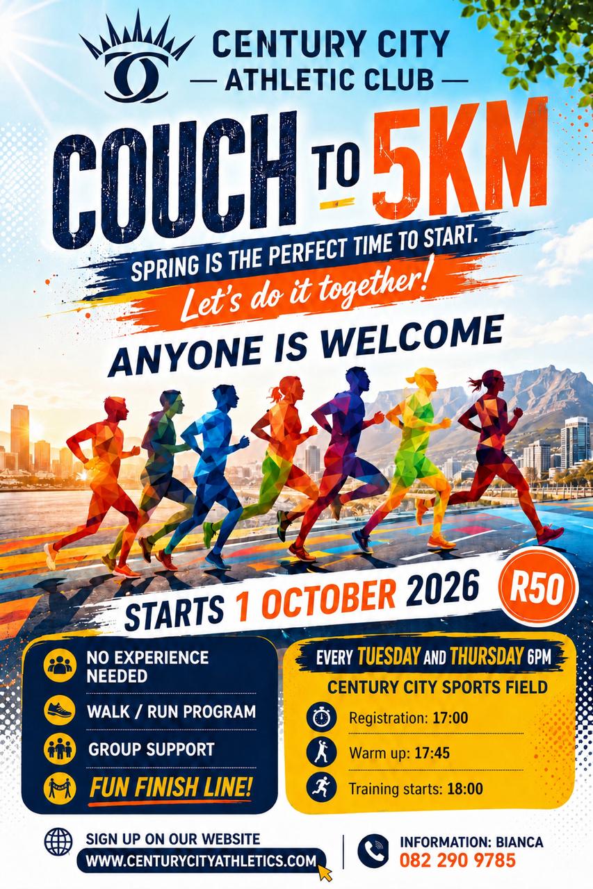 Couch to 5 km flyer: starts 1 October 2026; R50; registration 17:00, warm-up 17:45, training 18:00